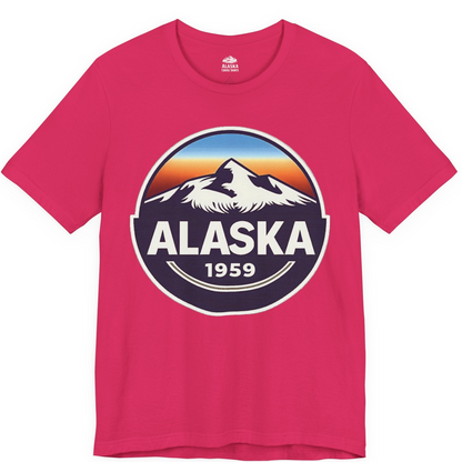 Alaska 1959 Retro Mountain Sunset Badge Shirt Vintage Statehood Tee — Premium Tee Premium T-Shirt – Fuchsia – Alaska Cruise Shirts