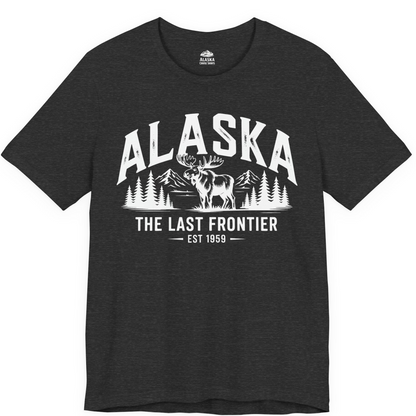 Alaska The Last Frontier Moose Mountain Wilderness Graphic Shirt — Premium Tee Premium T-Shirt – Dark Grey Heather – Alaska Cruise Shirts