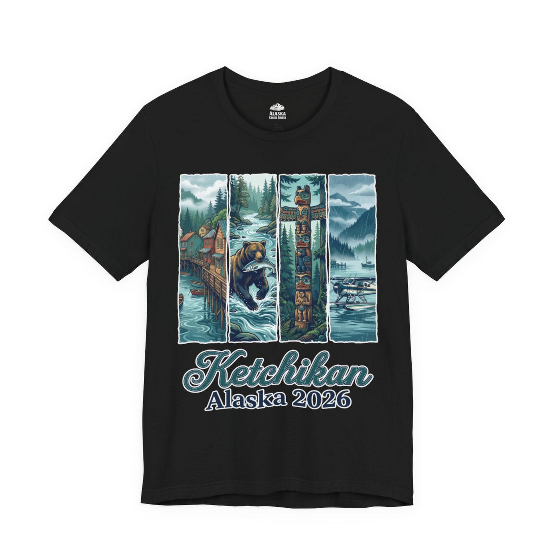 Ketchikan Alaska 2026 Scenic Nature and Totem Pole Art T-Shirt — Premium Tee Premium T-Shirt – Black – Alaska Cruise Shirts