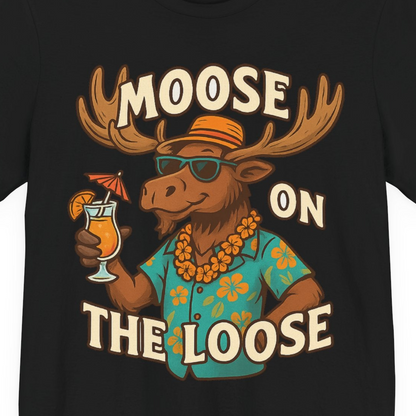 Moose On The Loose Funny Tropical Cartoon Vacation Shirt — Premium Tee Premium T-Shirt – Black – Alaska Cruise Shirts Close Up