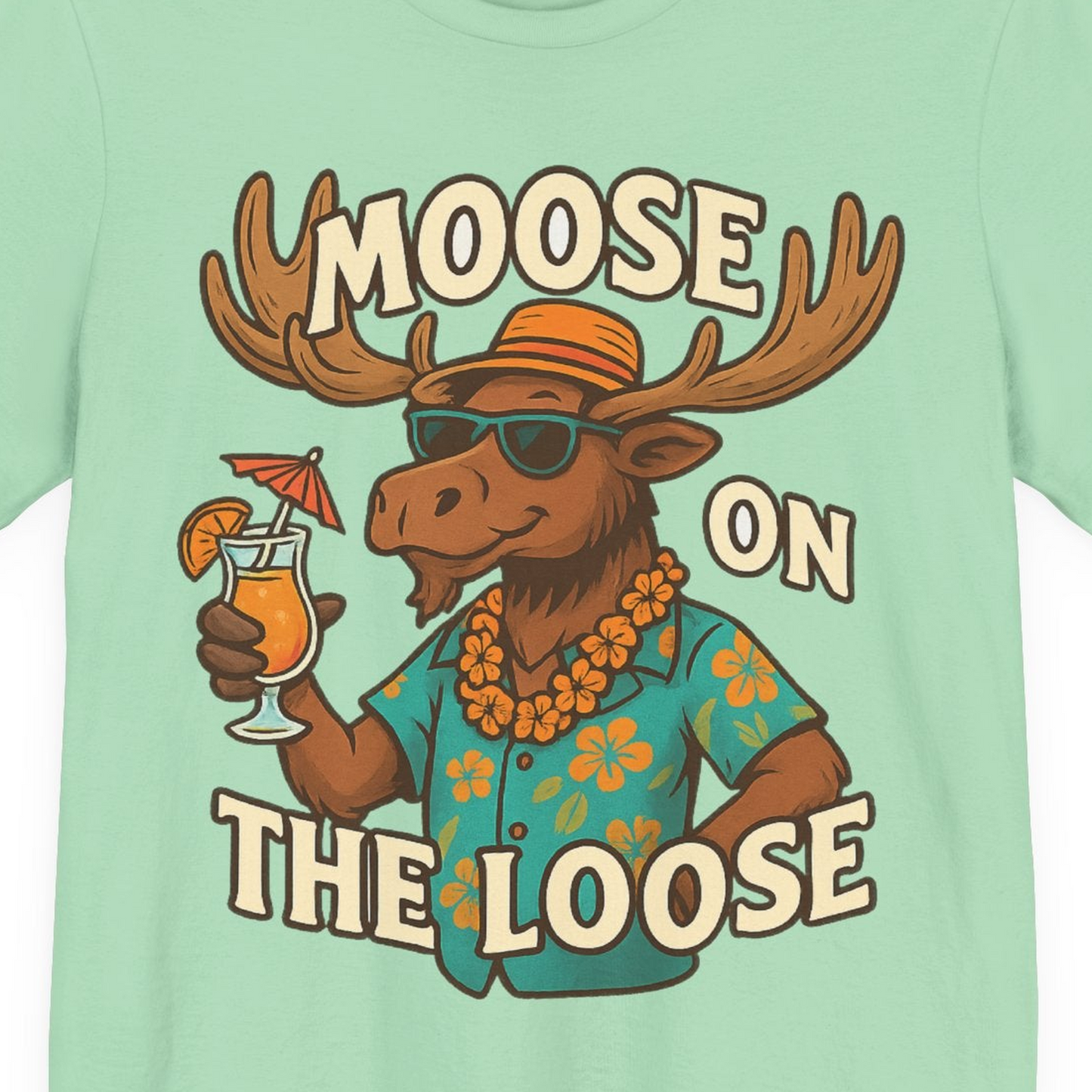 Moose On The Loose Funny Tropical Cartoon Vacation Shirt — Premium Tee Premium T-Shirt – Mint – Alaska Cruise Shirts Close Up