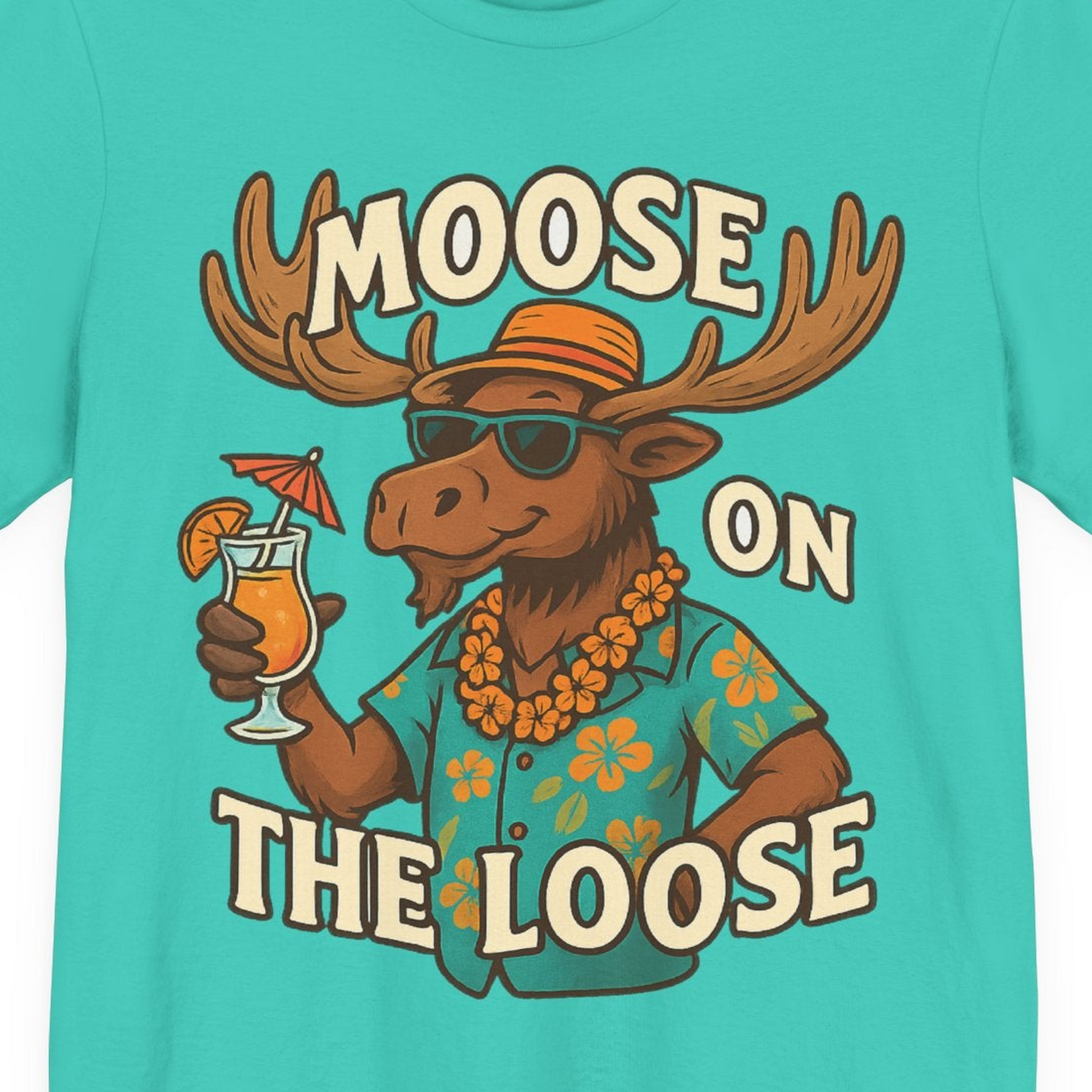 Moose On The Loose Funny Tropical Cartoon Vacation Shirt — Premium Tee Premium T-Shirt – Teal – Alaska Cruise Shirts Close Up