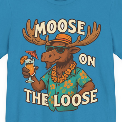 Moose On The Loose Funny Tropical Cartoon Vacation Shirt — Premium Tee Premium T-Shirt – Aqua – Alaska Cruise Shirts Close Up