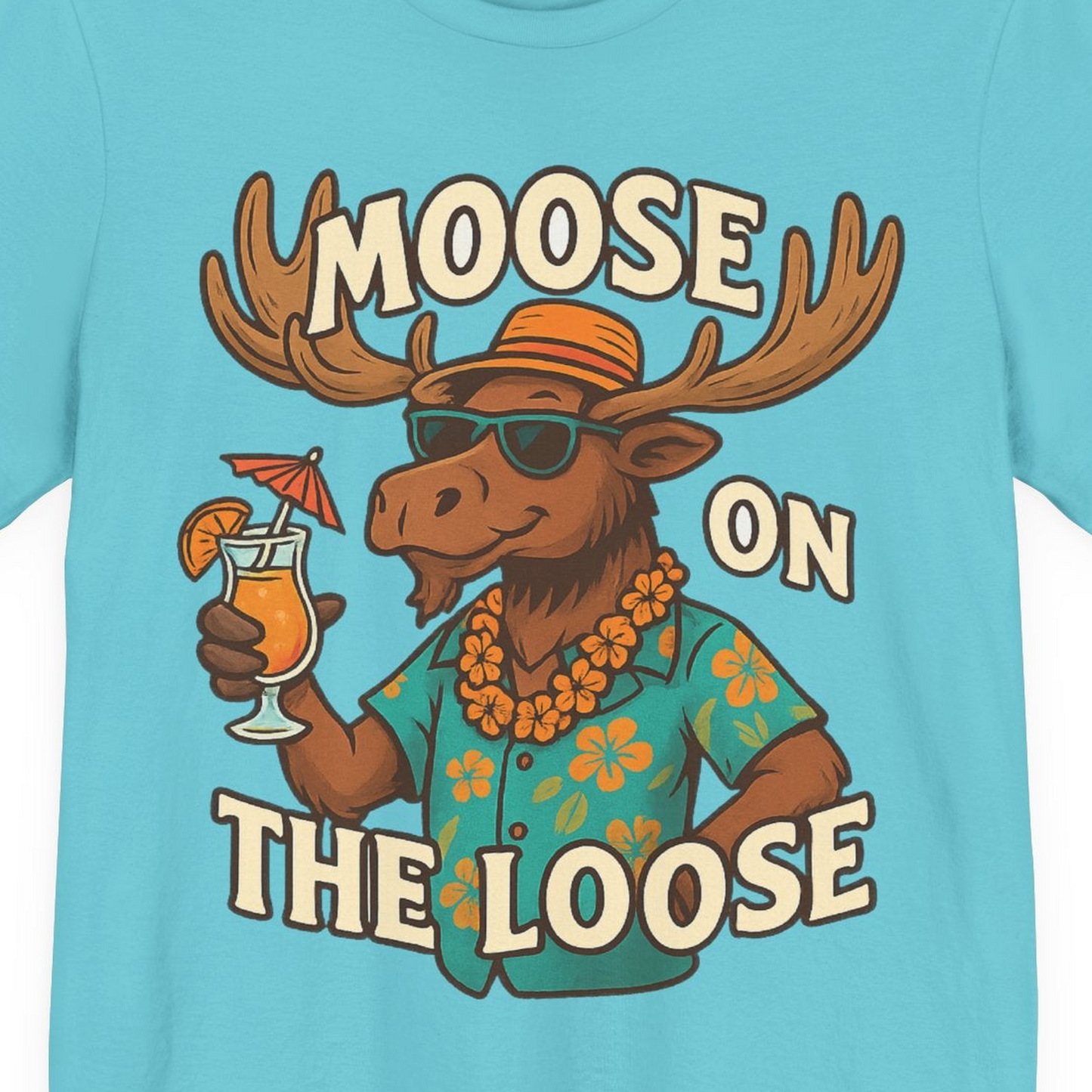 Moose On The Loose Funny Tropical Cartoon Vacation Shirt — Premium Tee Premium T-Shirt – Turquoise – Alaska Cruise Shirts Close Up
