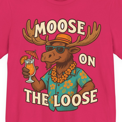Moose On The Loose Funny Tropical Cartoon Vacation Shirt — Premium Tee Premium T-Shirt – Fuchsia – Alaska Cruise Shirts Close Up