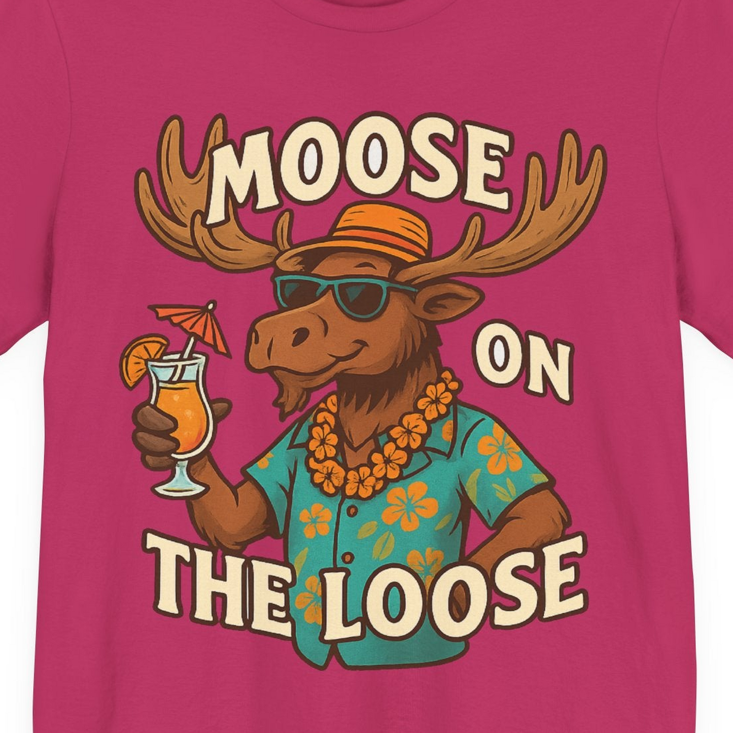 Moose On The Loose Funny Tropical Cartoon Vacation Shirt — Premium Tee Premium T-Shirt – Berry – Alaska Cruise Shirts Close Up