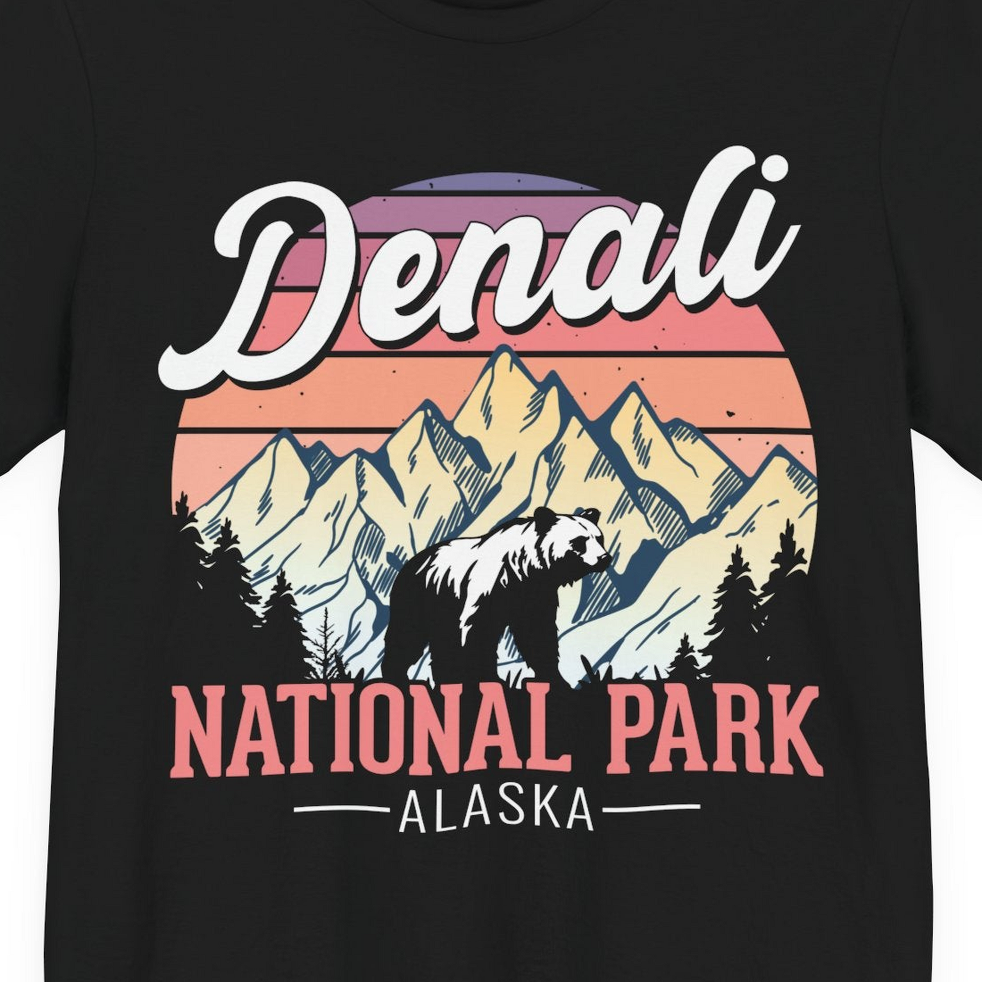 Retro Denali National Park Alaska Bear Mountains Vintage Shirt — Premium Tee Premium T-Shirt – Black – Alaska Cruise Shirts Close Up