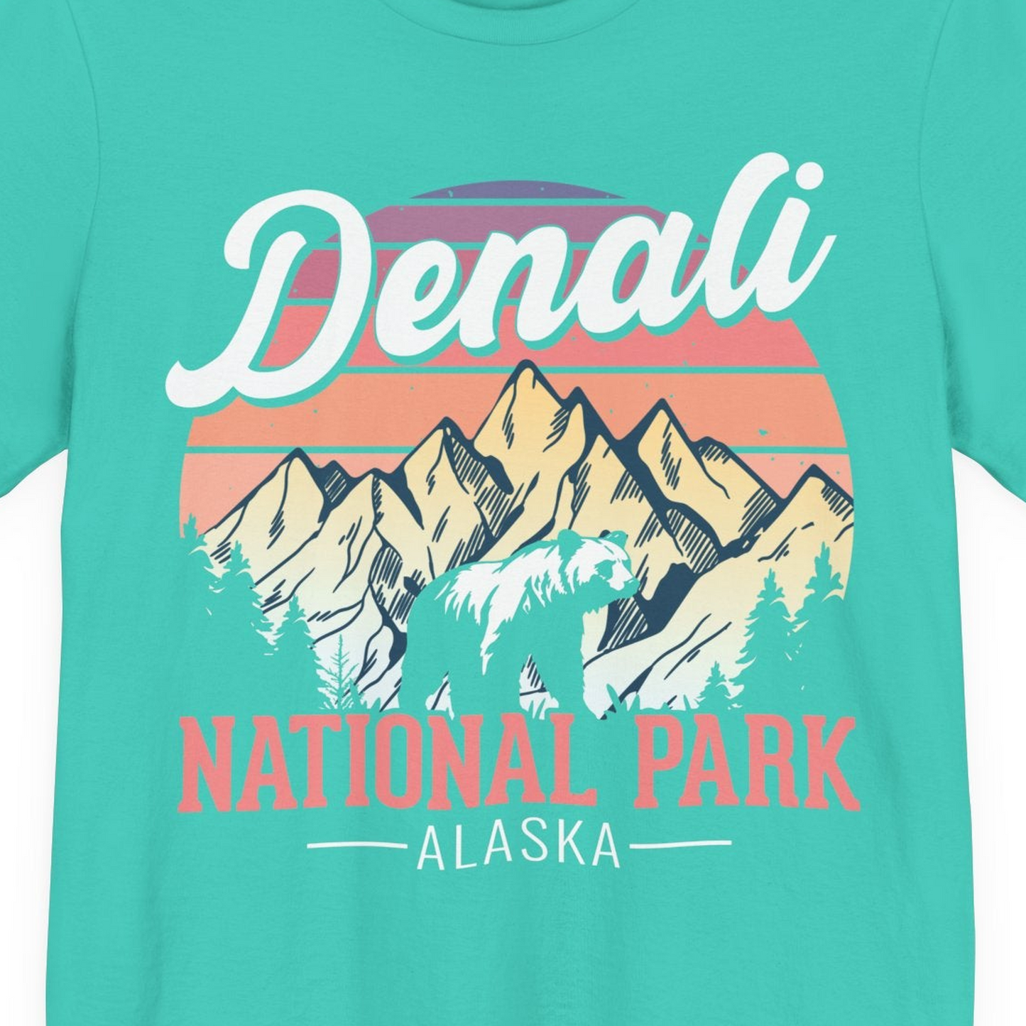 Retro Denali National Park Alaska Bear Mountains Vintage Shirt — Premium Tee Premium T-Shirt – Teal – Alaska Cruise Shirts Close Up