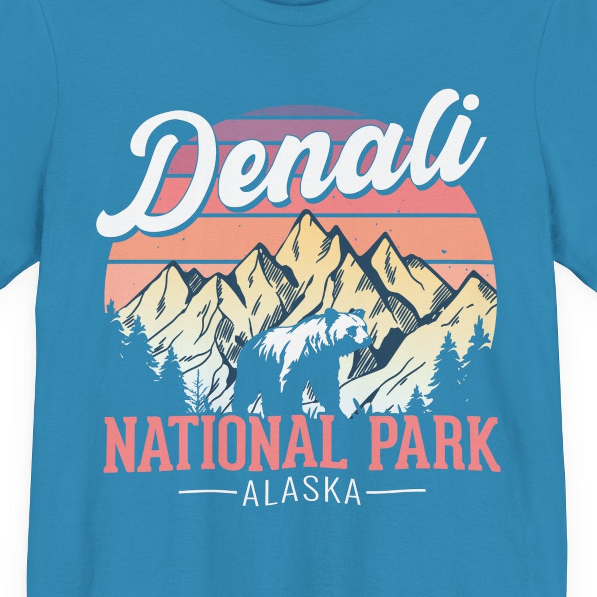 Retro Denali National Park Alaska Bear Mountains Vintage Shirt — Premium Tee Premium T-Shirt – Aqua – Alaska Cruise Shirts Close Up