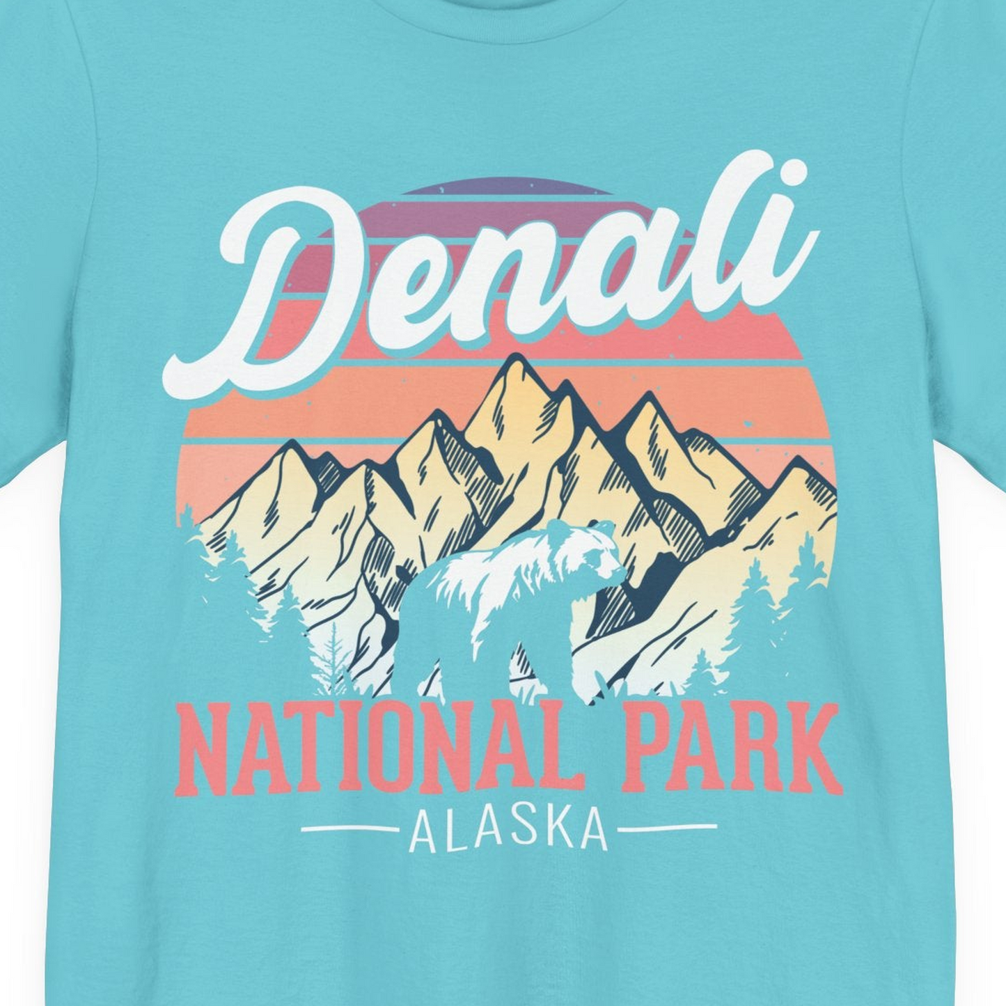 Retro Denali National Park Alaska Bear Mountains Vintage Shirt — Premium Tee Premium T-Shirt – Turquoise – Alaska Cruise Shirts Close Up