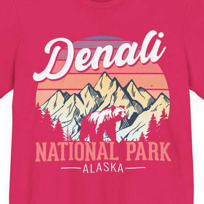 Retro Denali National Park Alaska Bear Mountains Vintage Shirt — Premium Tee Premium T-Shirt – Fuchsia – Alaska Cruise Shirts Close Up