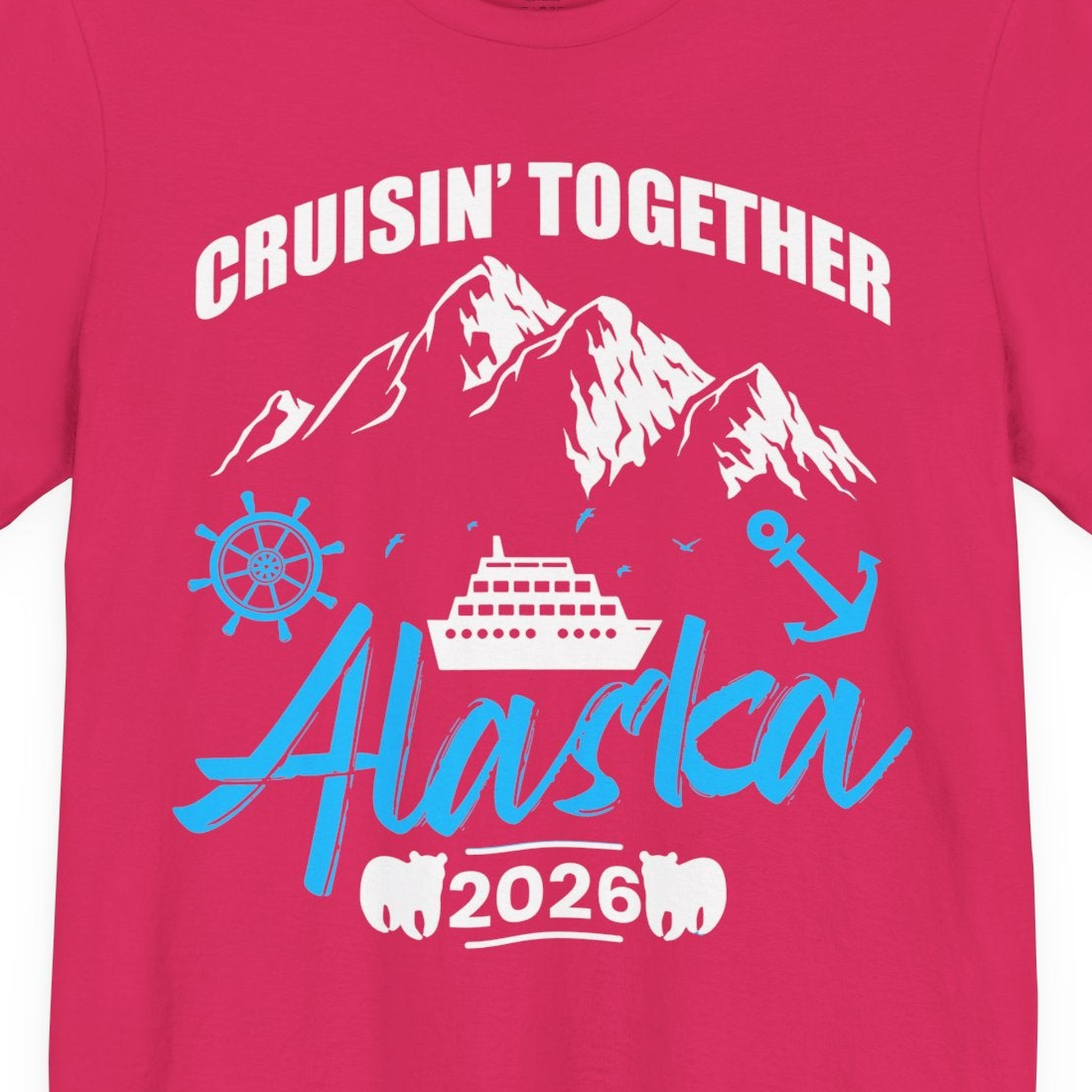 Alaska Cruise Group Adventure Shirt Premium T-Shirt – Fuchsia – Alaska Cruise Shirts Close Up