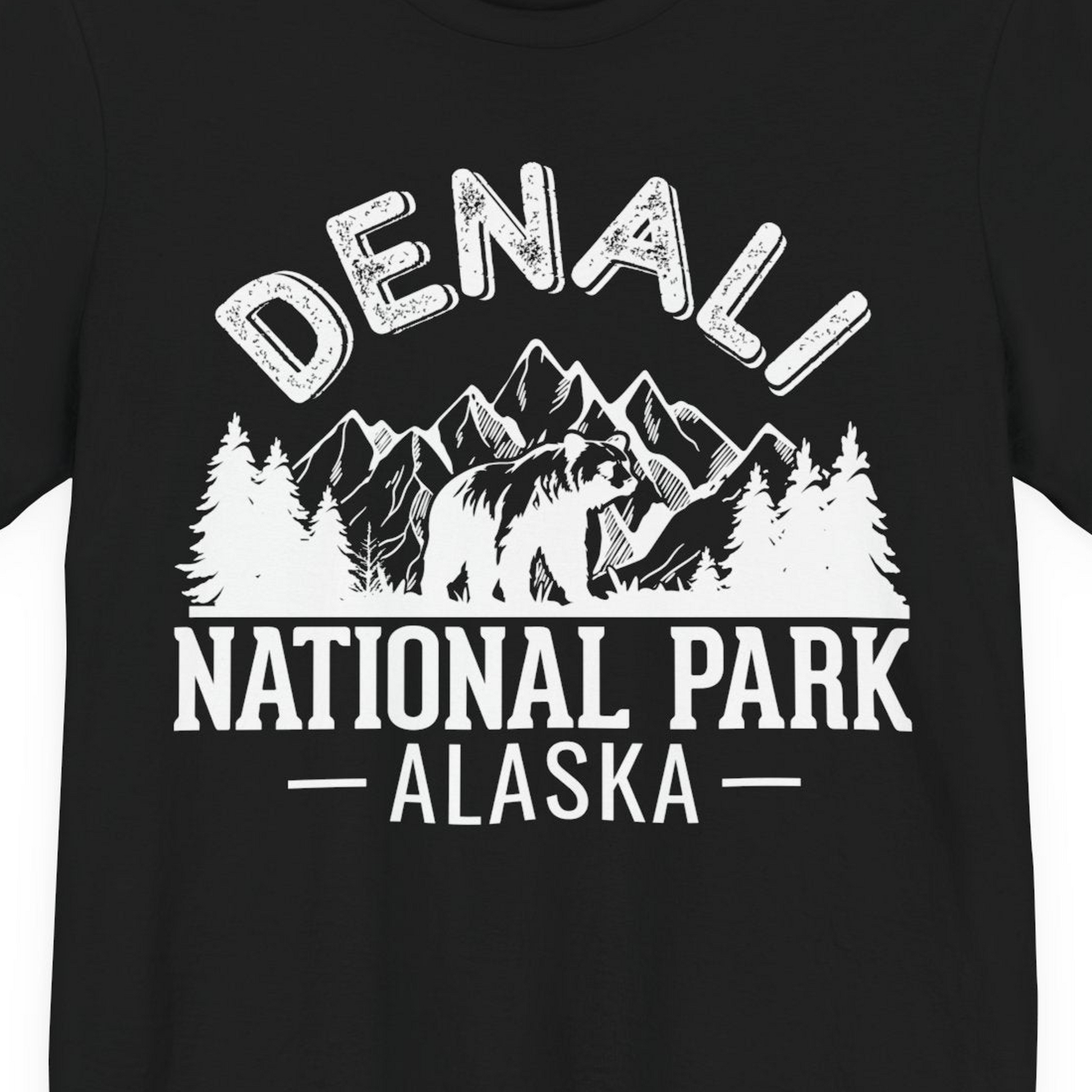 Denali National Park Bear Mountains Vintage Alaska Nature Shirt — Premium Tee Premium T-Shirt – Black – Alaska Cruise Shirts Close Up