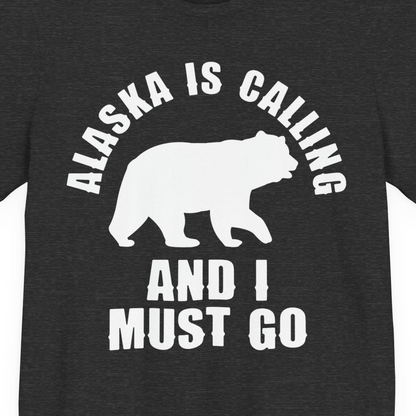 Alaska Is Calling Bear Silhouette Adventure Shirt Premium T-Shirt – Dark Grey Heather – Alaska Cruise Shirts Close Up