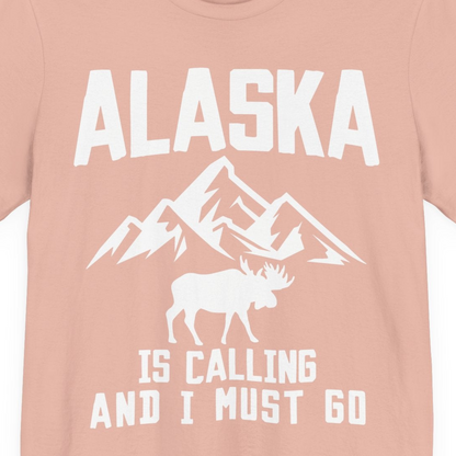 Alaska Is Calling Moose Mountains Adventure Silhouette Nature Shirt — Premium Tee Premium T-Shirt – Peach – Alaska Cruise Shirts Close Up