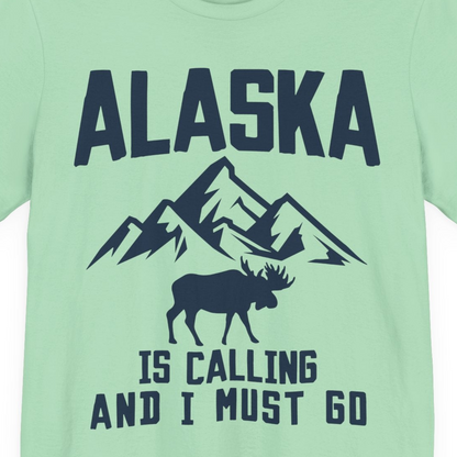 Alaska Is Calling Moose Mountains Adventure Silhouette Nature Shirt — Premium Tee Premium T-Shirt – Mint – Alaska Cruise Shirts Close Up