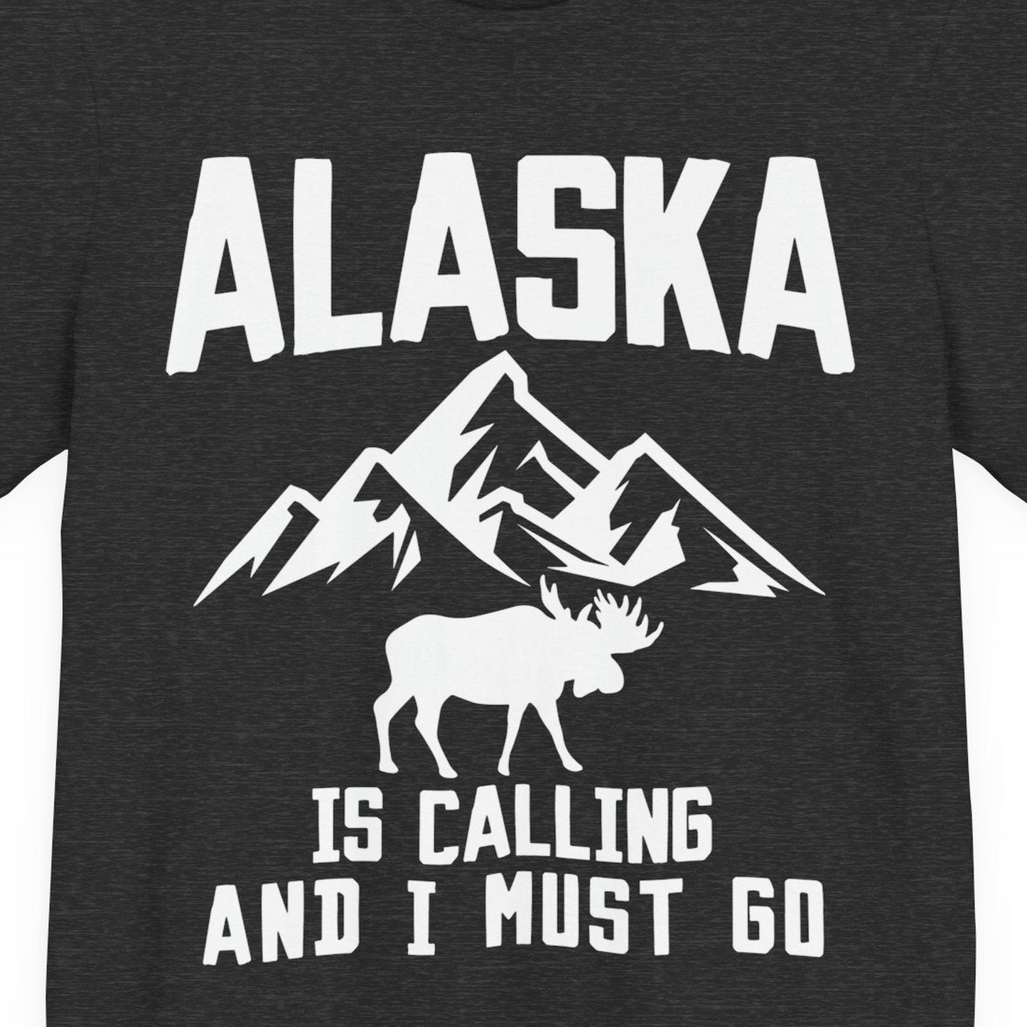 Alaska Is Calling Moose Mountains Adventure Silhouette Nature Shirt — Premium Tee Premium T-Shirt – Dark Grey Heather – Alaska Cruise Shirts Close Up