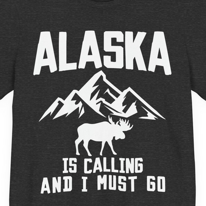 Alaska Is Calling Moose Mountains Adventure Silhouette Nature Shirt — Premium Tee Premium T-Shirt – Dark Grey Heather – Alaska Cruise Shirts Close Up