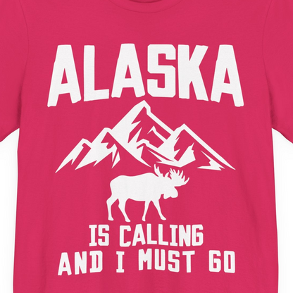 Alaska Is Calling Moose Mountains Adventure Silhouette Nature Shirt — Premium Tee Premium T-Shirt – Fuchsia – Alaska Cruise Shirts Close Up