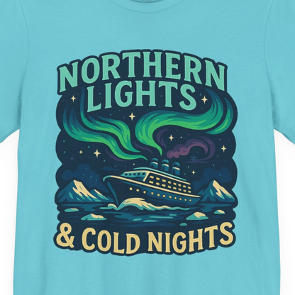 Northern Lights Alaska Cruise Ship Night Adventure Travel Shirt — Premium Tee Premium T-Shirt – Turquoise – Alaska Cruise Shirts Close Up