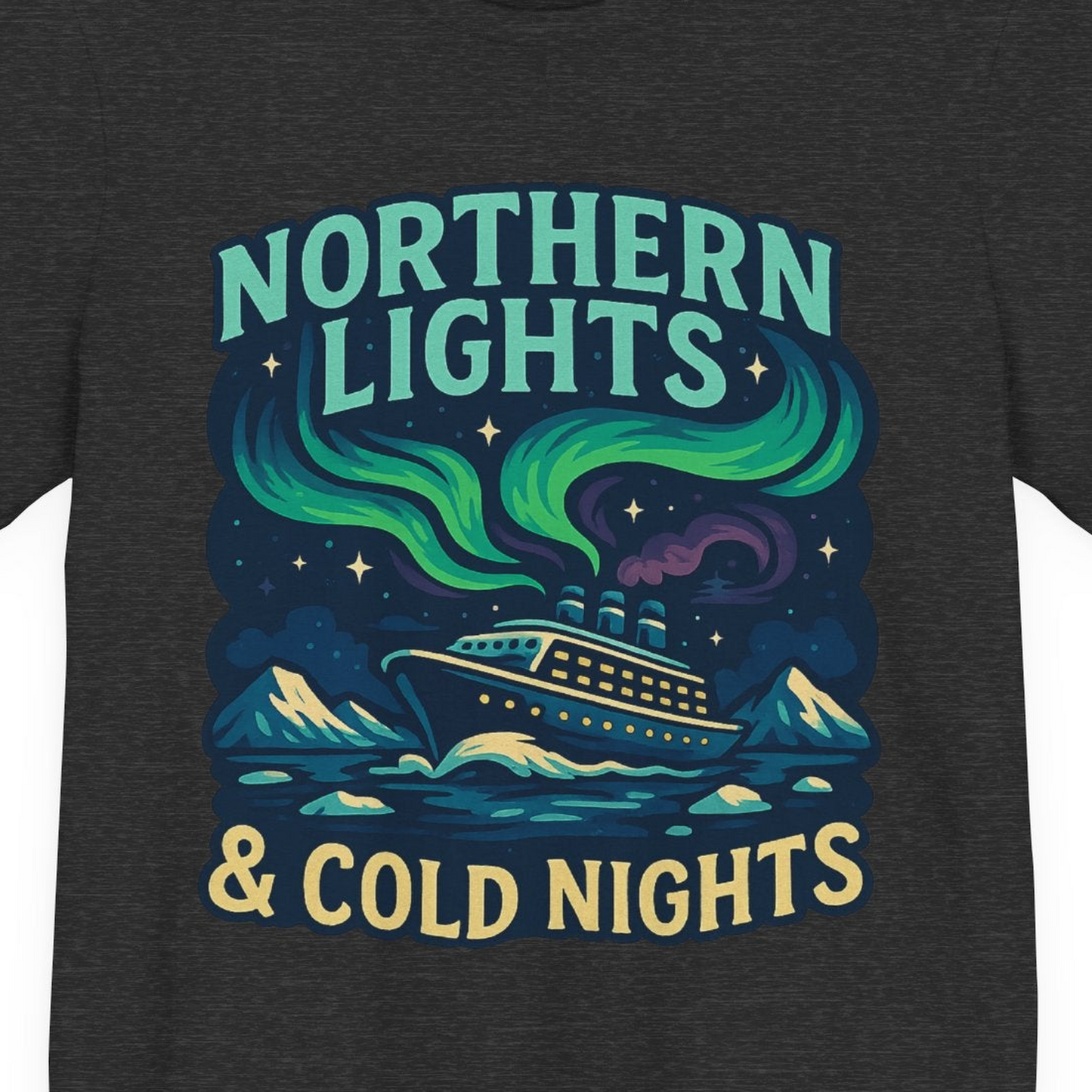 Northern Lights Alaska Cruise Ship Night Adventure Travel Shirt — Premium Tee Premium T-Shirt – Dark Grey Heather – Alaska Cruise Shirts Close Up