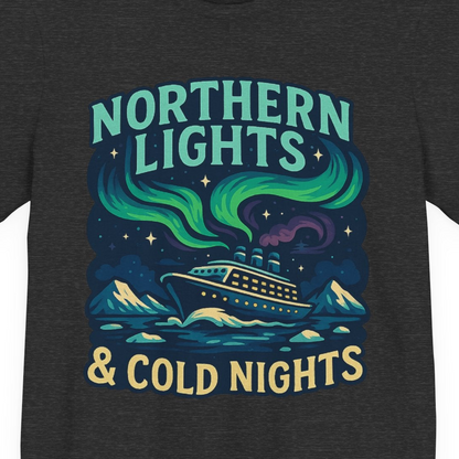 Northern Lights Alaska Cruise Ship Night Adventure Travel Shirt — Premium Tee Premium T-Shirt – Dark Grey Heather – Alaska Cruise Shirts Close Up
