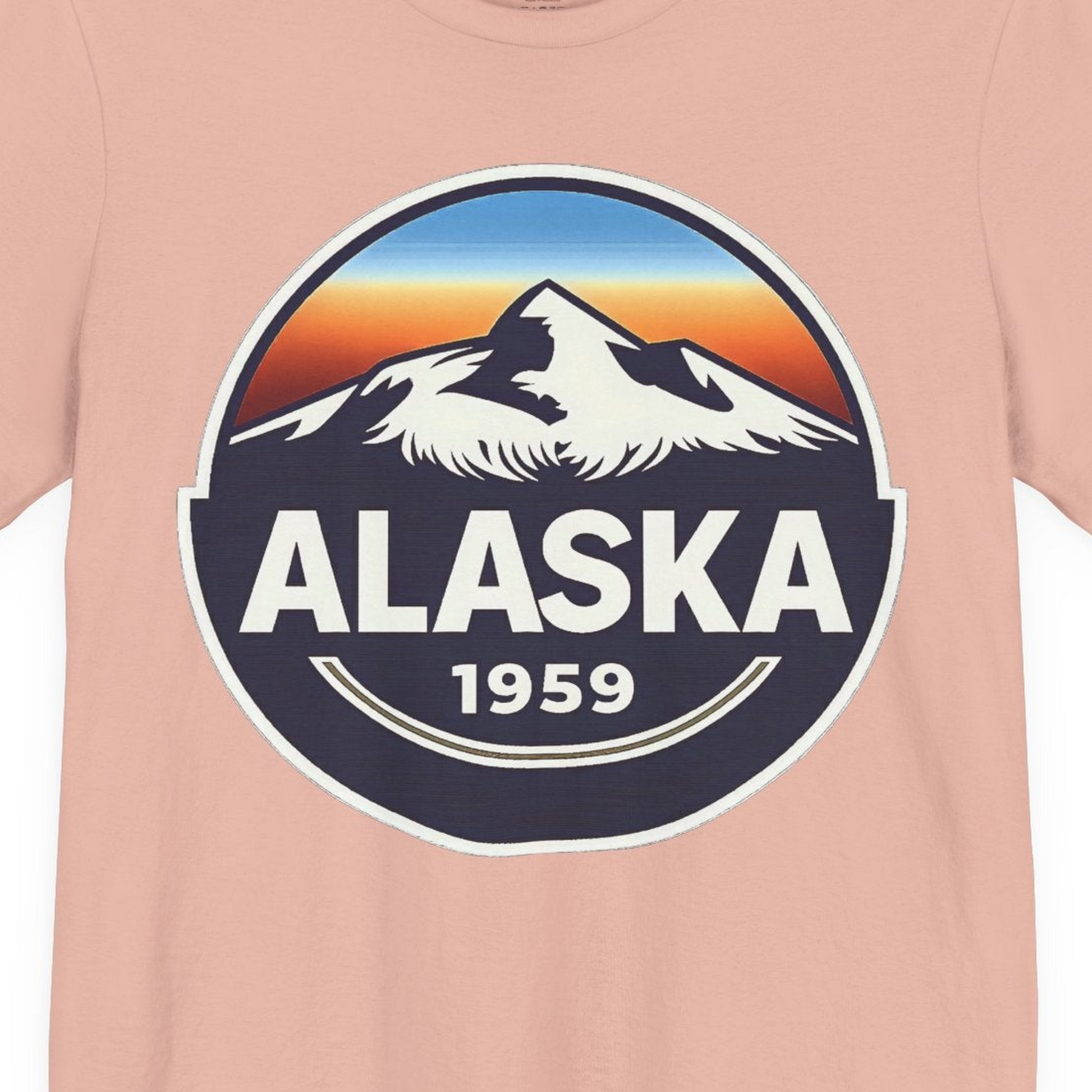 Alaska 1959 Retro Mountain Sunset Badge Shirt Vintage Statehood Tee — Premium Tee Premium T-Shirt – Peach – Alaska Cruise Shirts Close Up