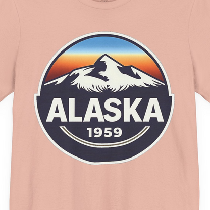 Alaska 1959 Retro Mountain Sunset Badge Shirt Vintage Statehood Tee — Premium Tee Premium T-Shirt – Peach – Alaska Cruise Shirts Close Up