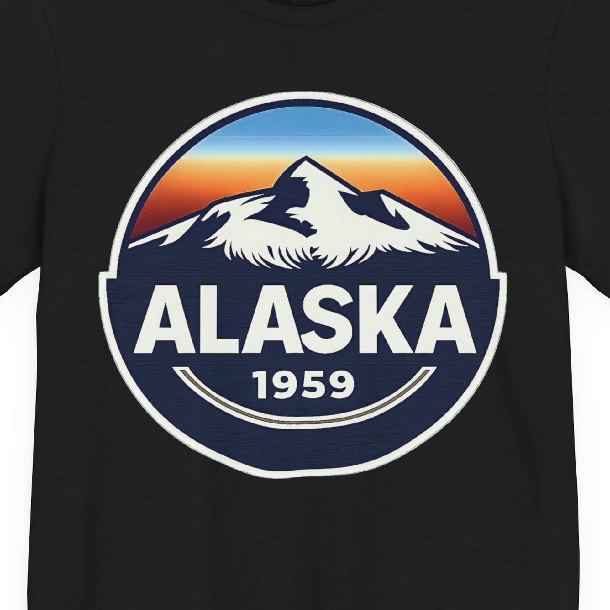 Alaska 1959 Retro Mountain Sunset Badge Shirt Vintage Statehood Tee — Premium Tee Premium T-Shirt – Black – Alaska Cruise Shirts Close Up