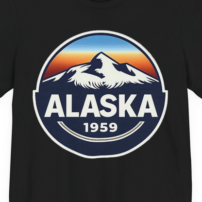 Alaska 1959 Retro Mountain Sunset Badge Shirt Vintage Statehood Tee — Premium Tee Premium T-Shirt – Black – Alaska Cruise Shirts Close Up