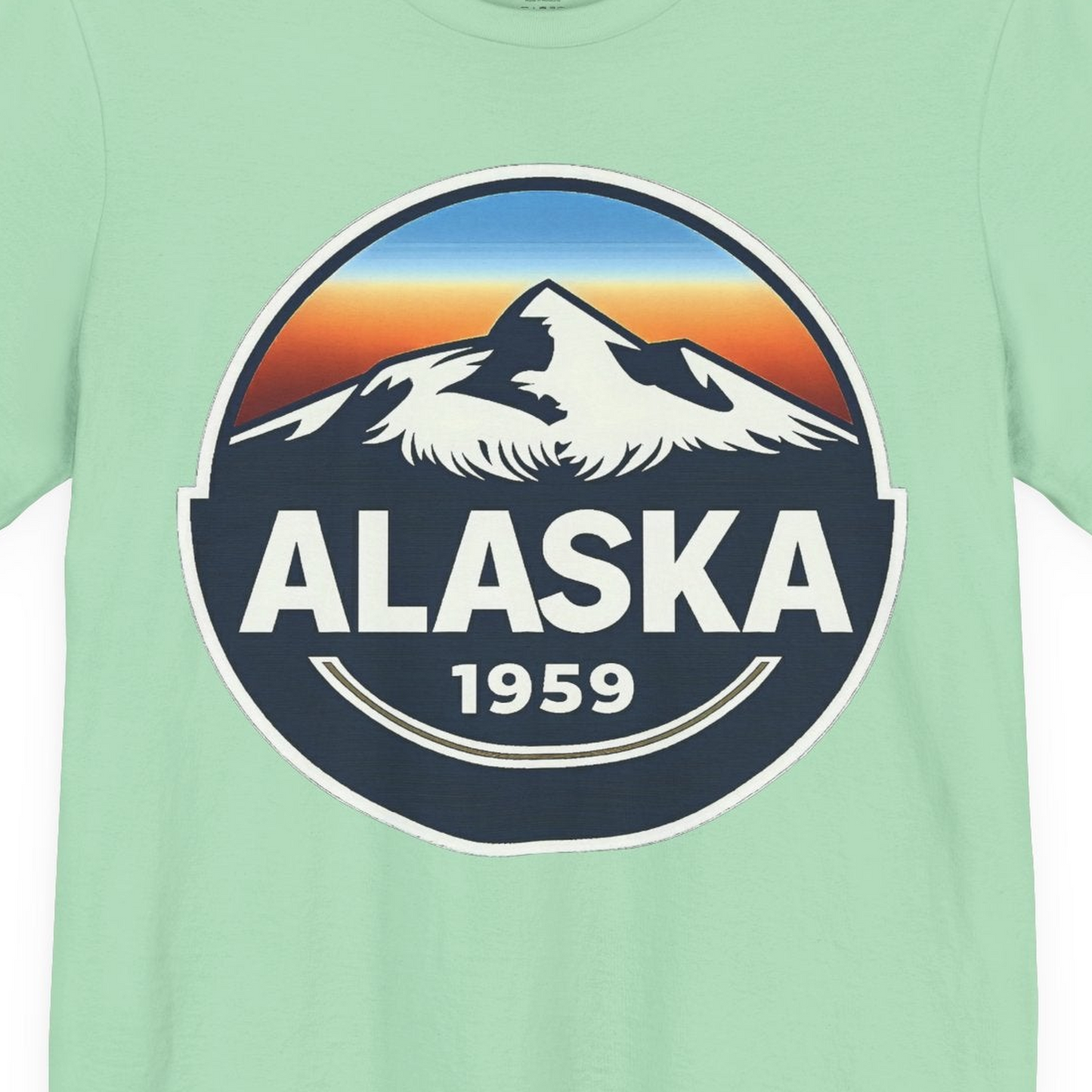 Alaska 1959 Retro Mountain Sunset Badge Shirt Vintage Statehood Tee — Premium Tee Premium T-Shirt – Mint – Alaska Cruise Shirts Close Up