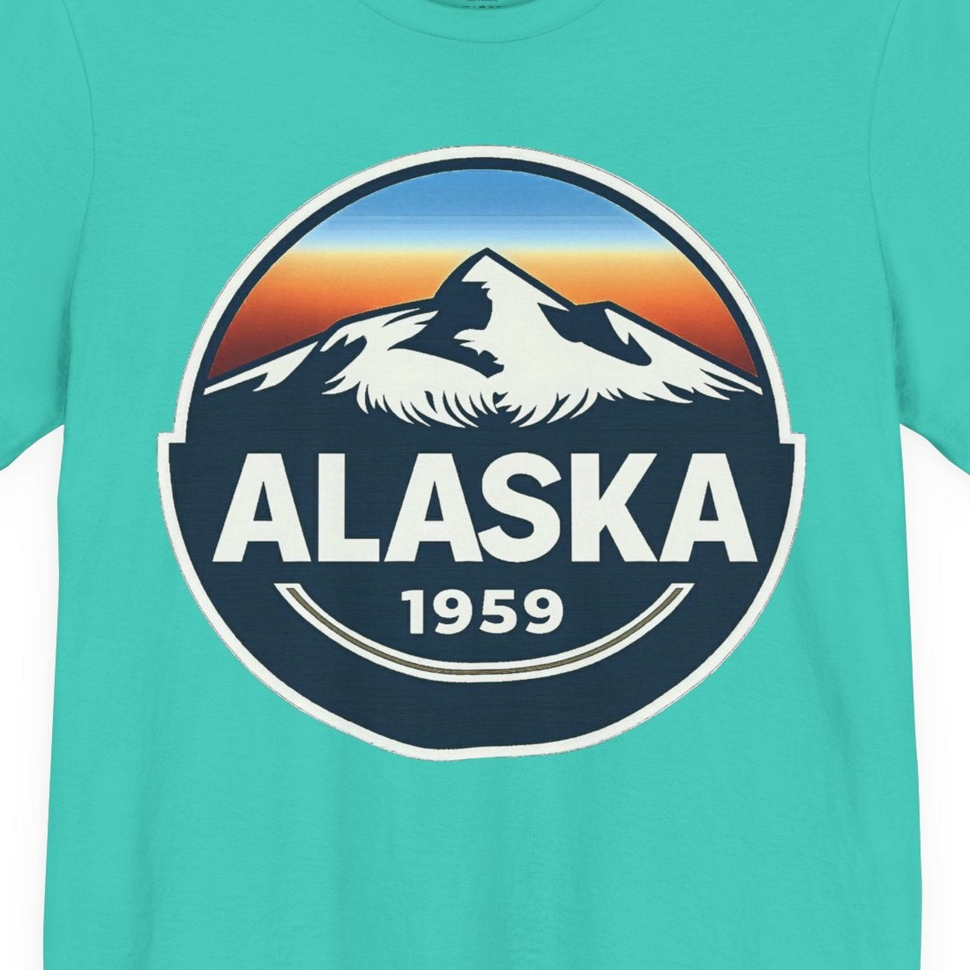 Alaska 1959 Retro Mountain Sunset Badge Shirt Vintage Statehood Tee — Premium Tee Premium T-Shirt – Teal – Alaska Cruise Shirts Close Up
