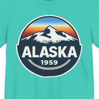Alaska 1959 Retro Mountain Sunset Badge Shirt Vintage Statehood Tee — Premium Tee Premium T-Shirt – Teal – Alaska Cruise Shirts Close Up
