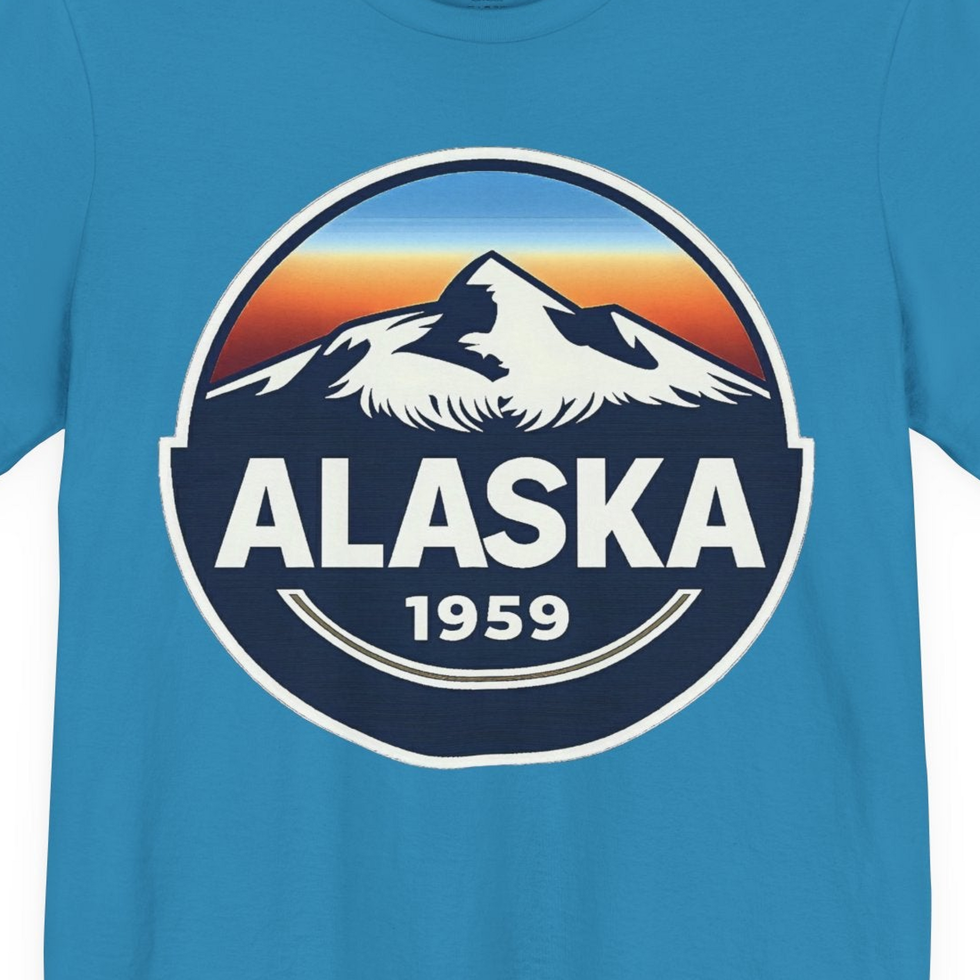 Alaska 1959 Retro Mountain Sunset Badge Shirt Vintage Statehood Tee — Premium Tee Premium T-Shirt – Aqua – Alaska Cruise Shirts Close Up