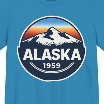 Alaska 1959 Retro Mountain Sunset Badge Shirt Vintage Statehood Tee — Premium Tee Premium T-Shirt – Aqua – Alaska Cruise Shirts Close Up
