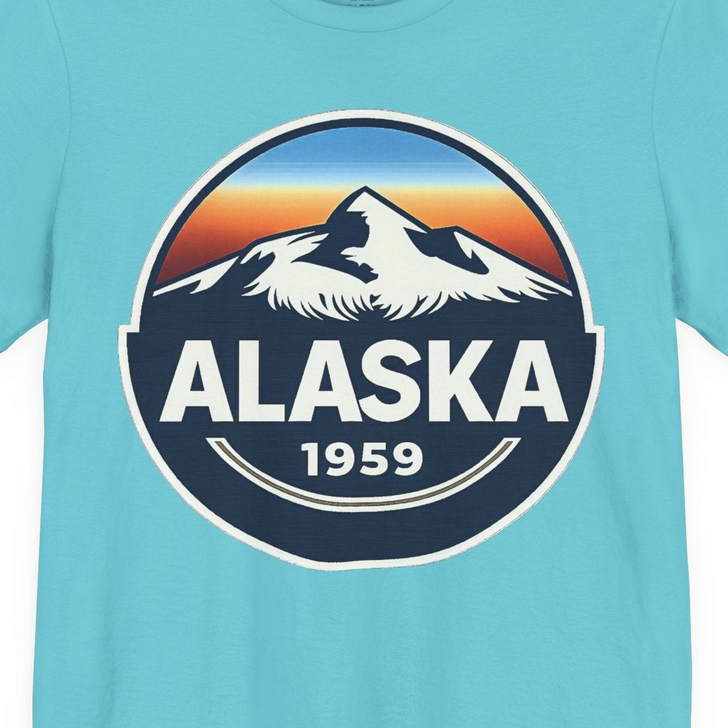 Alaska 1959 Retro Mountain Sunset Badge Shirt Vintage Statehood Tee — Premium Tee Premium T-Shirt – Turquoise – Alaska Cruise Shirts Close Up