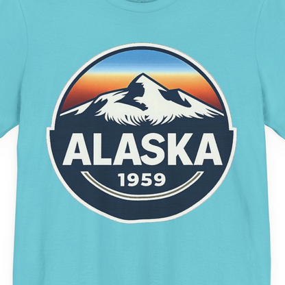 Alaska 1959 Retro Mountain Sunset Badge Shirt Vintage Statehood Tee — Premium Tee Premium T-Shirt – Turquoise – Alaska Cruise Shirts Close Up