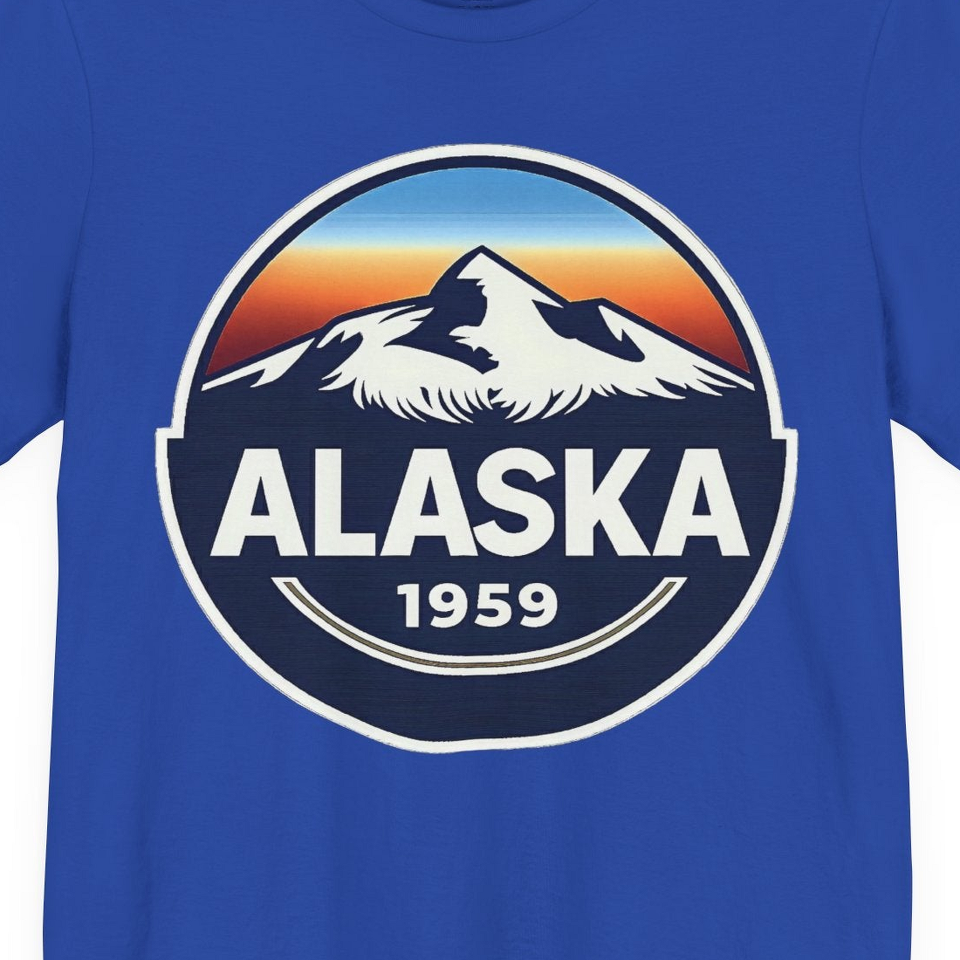 Alaska 1959 Retro Mountain Sunset Badge Shirt Vintage Statehood Tee — Premium Tee Premium T-Shirt – True Royal – Alaska Cruise Shirts Close Up
