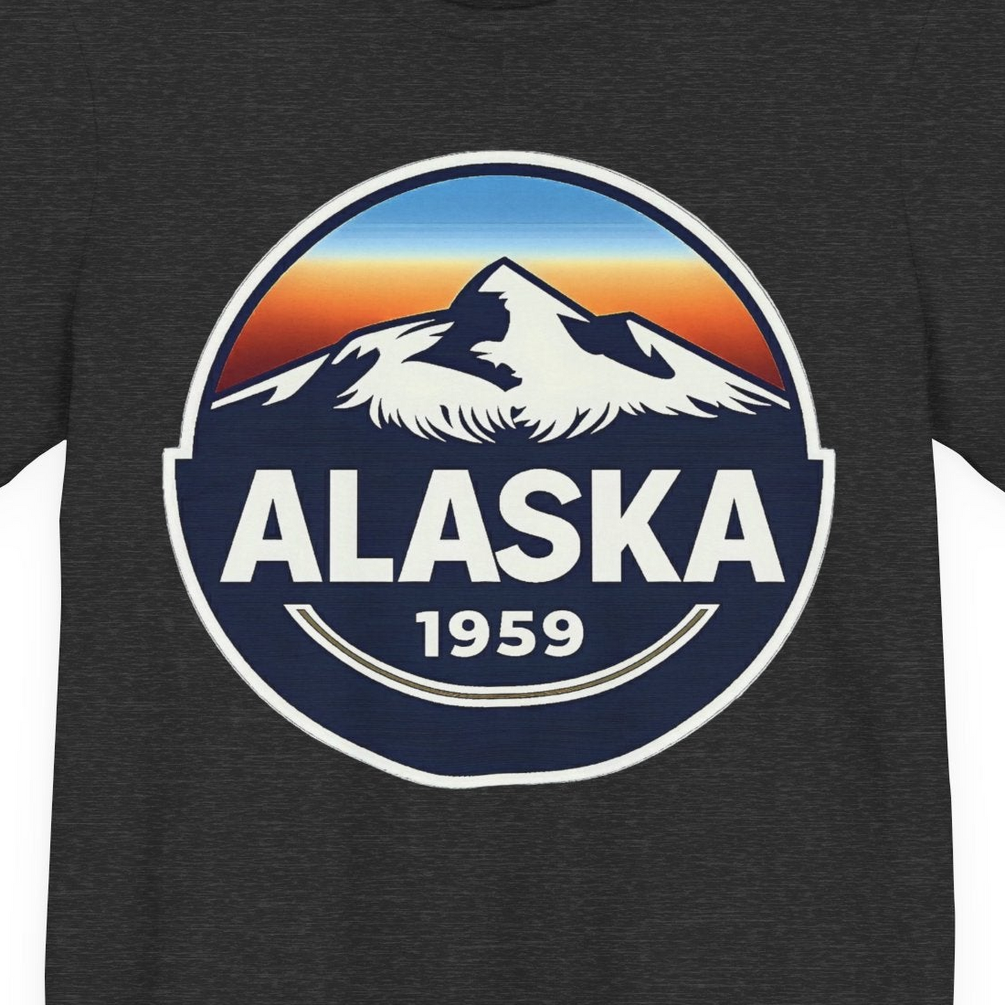 Alaska 1959 Retro Mountain Sunset Badge Shirt Vintage Statehood Tee — Premium Tee Premium T-Shirt – Dark Grey Heather – Alaska Cruise Shirts Close Up