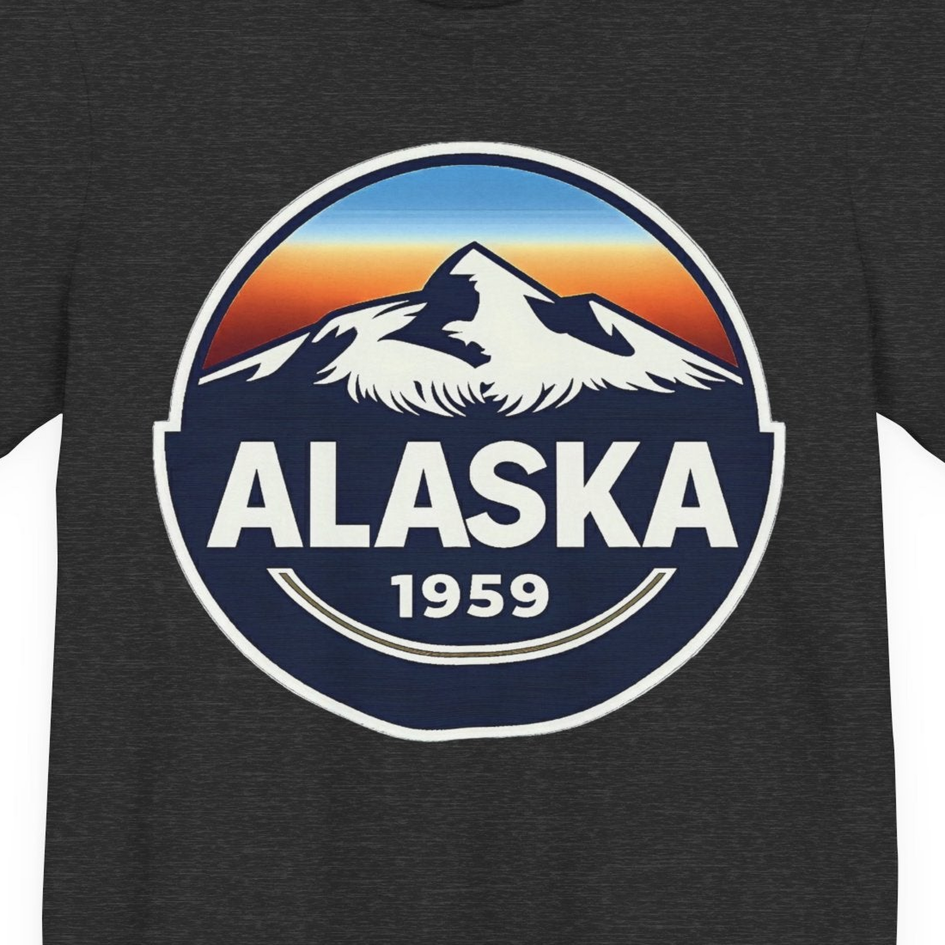 Alaska 1959 Retro Mountain Sunset Badge Shirt Vintage Statehood Tee — Premium Tee Premium T-Shirt – Dark Grey Heather – Alaska Cruise Shirts Close Up