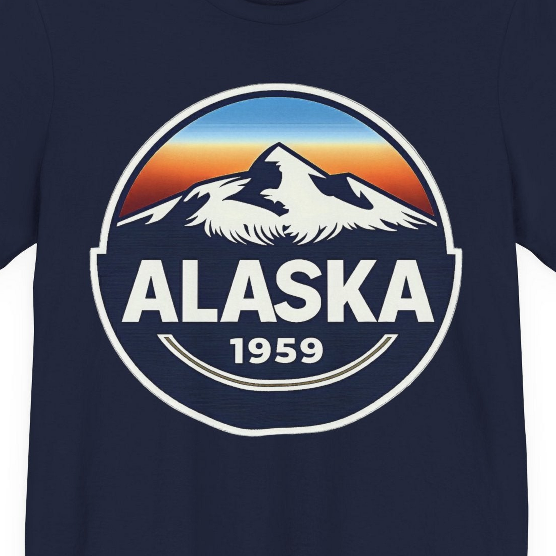 Alaska 1959 Retro Mountain Sunset Badge Shirt Vintage Statehood Tee — Premium Tee Premium T-Shirt – Navy – Alaska Cruise Shirts Close Up