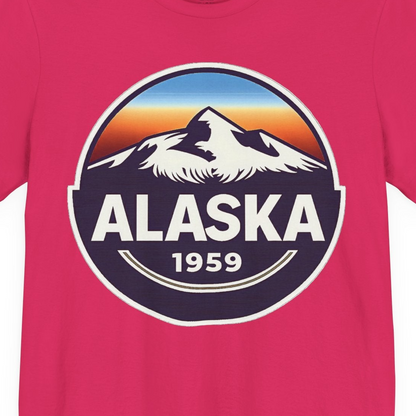 Alaska 1959 Retro Mountain Sunset Badge Shirt Vintage Statehood Tee — Premium Tee Premium T-Shirt – Fuchsia – Alaska Cruise Shirts Close Up