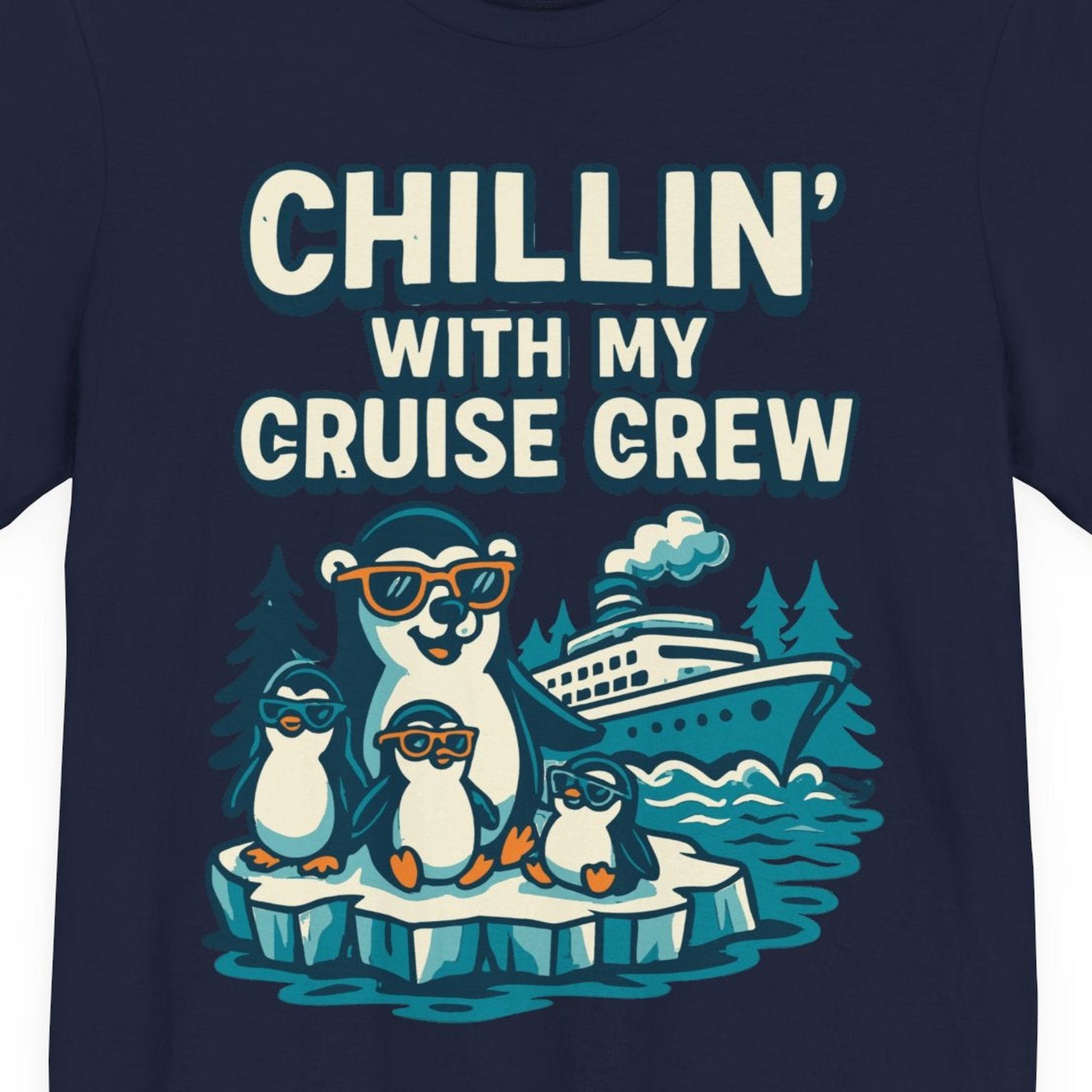 Chillin With My Cruise Crew Cute Penguins Alaska Cartoon Shirt — Premium Tee Premium T-Shirt – Navy – Alaska Cruise Shirts Close Up