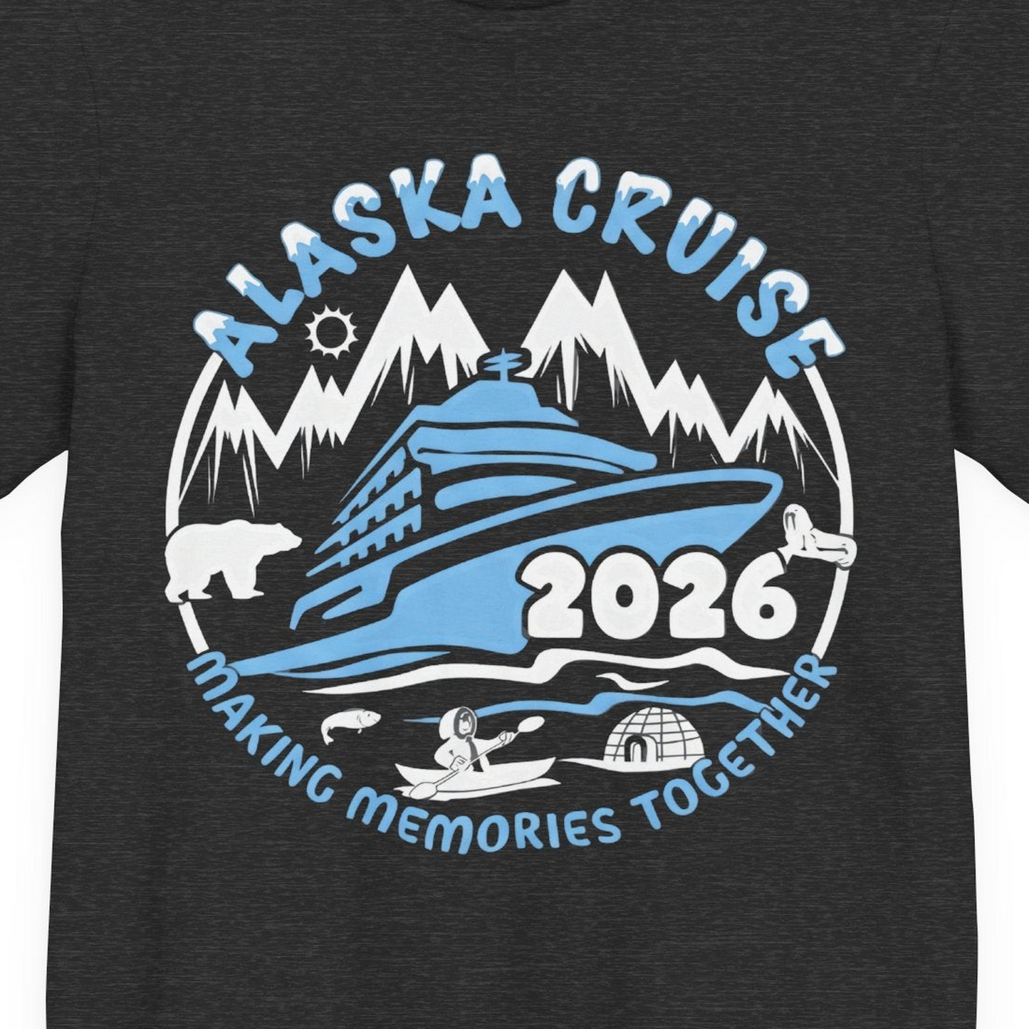 Alaska Cruise 2026 Adventure Shirt Premium T-Shirt – Dark Grey Heather – Alaska Cruise Shirts Close Up