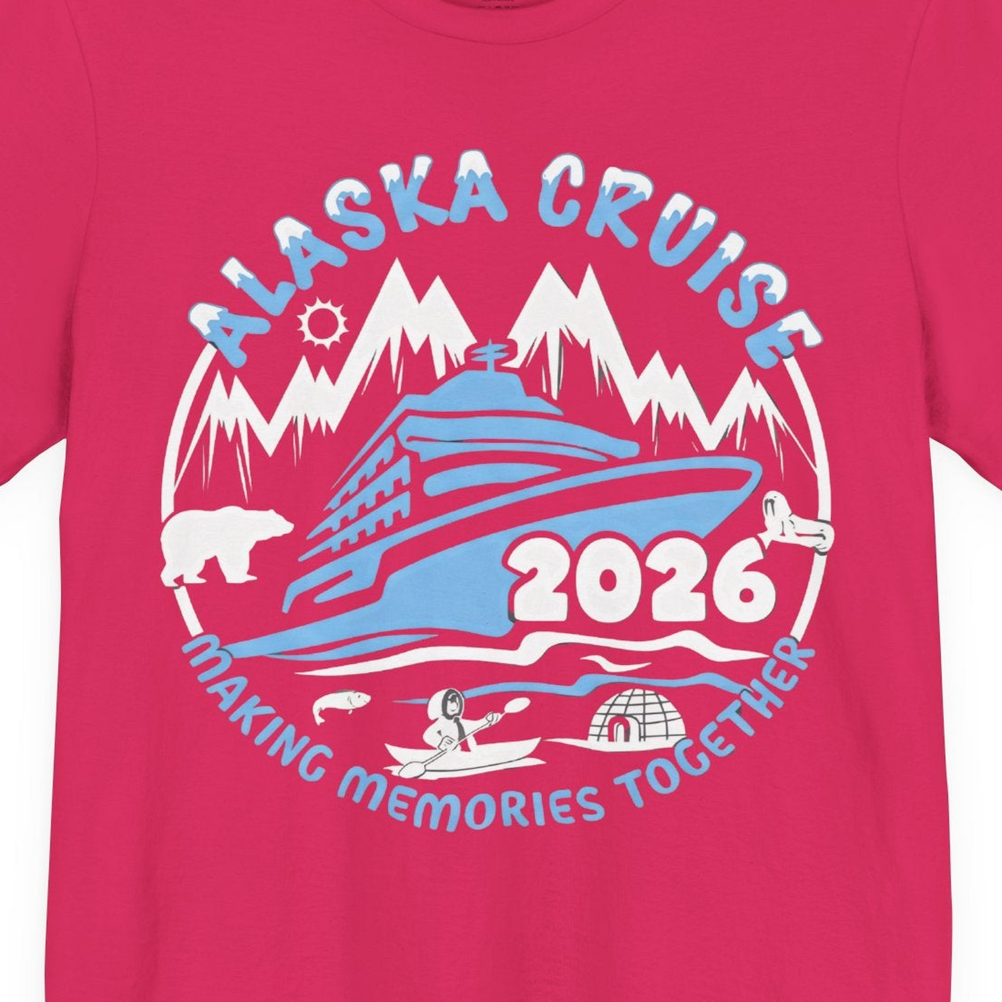 Alaska Cruise 2026 Adventure Shirt Premium T-Shirt – Fuchsia – Alaska Cruise Shirts Close Up