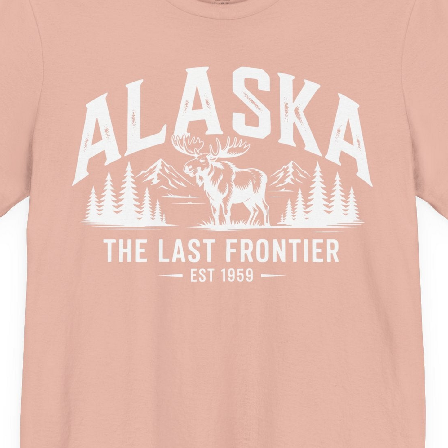 Alaska The Last Frontier Moose Mountain Wilderness Graphic Shirt — Premium Tee Premium T-Shirt – Peach – Alaska Cruise Shirts Close Up