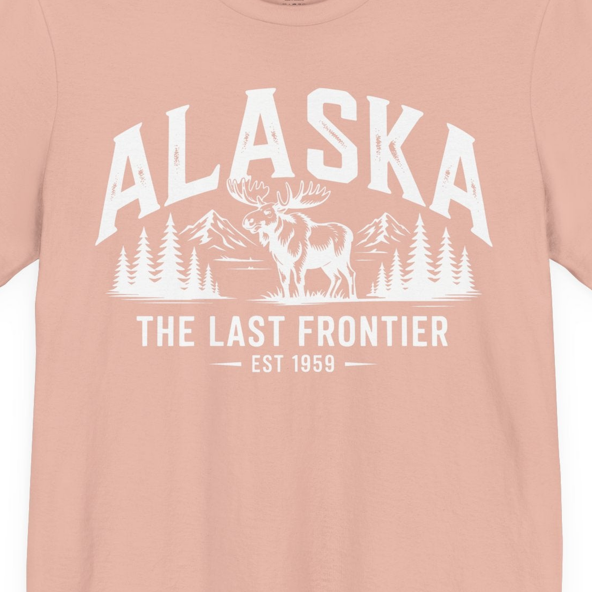 Alaska The Last Frontier Moose Mountain Wilderness Graphic Shirt — Premium Tee Premium T-Shirt – Peach – Alaska Cruise Shirts Close Up