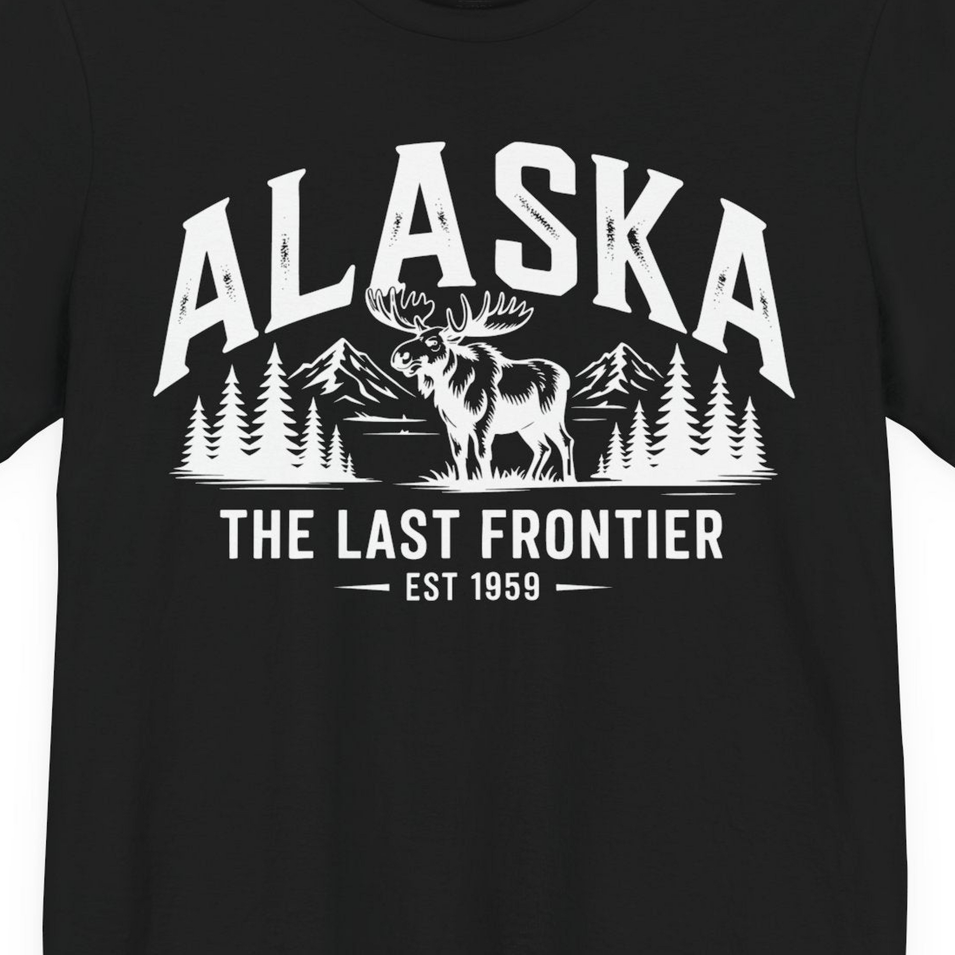 Alaska The Last Frontier Moose Mountain Wilderness Graphic Shirt — Premium Tee Premium T-Shirt – Black – Alaska Cruise Shirts Close Up