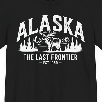 Alaska The Last Frontier Moose Mountain Wilderness Graphic Shirt — Premium Tee Premium T-Shirt – Black – Alaska Cruise Shirts Close Up