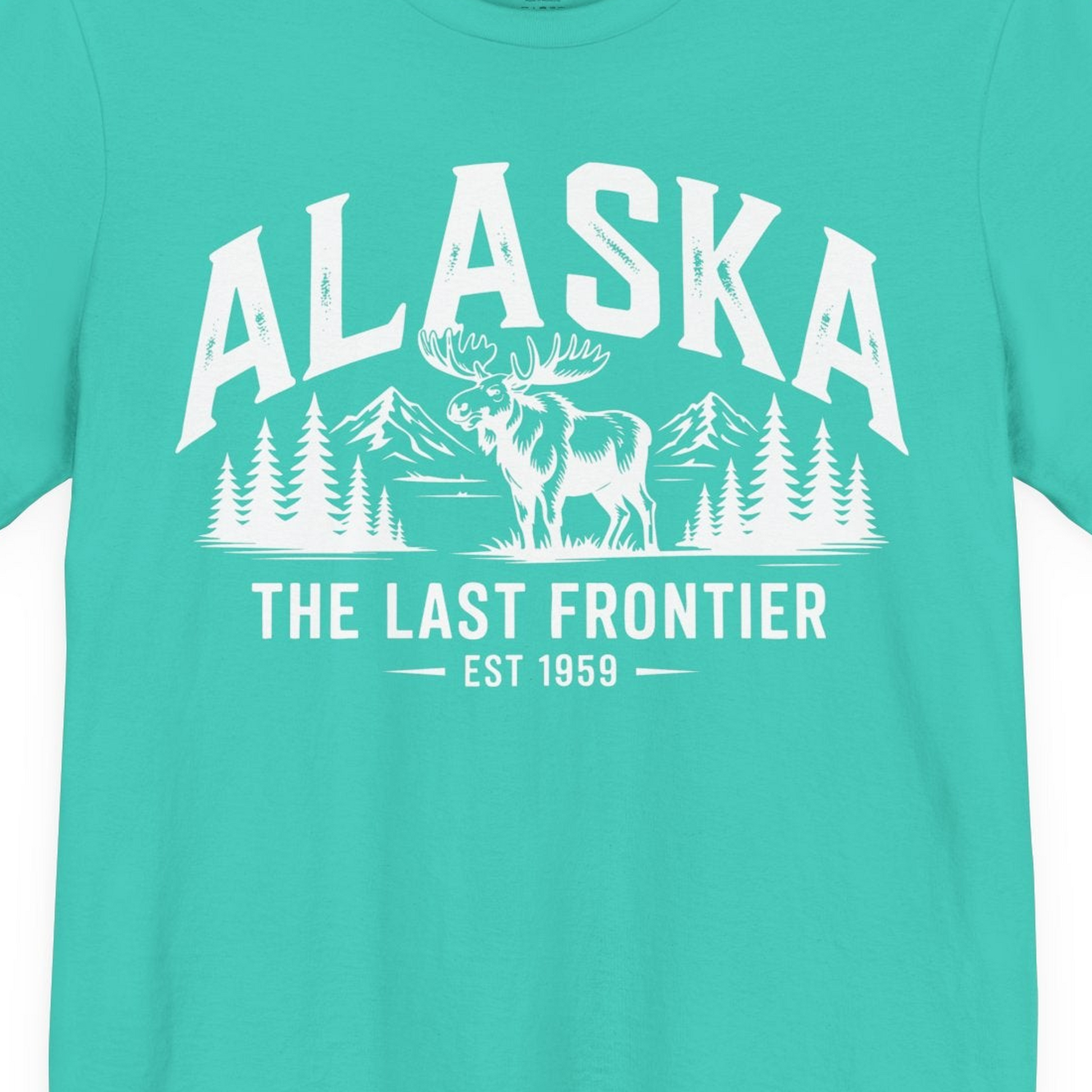 Alaska The Last Frontier Moose Mountain Wilderness Graphic Shirt — Premium Tee Premium T-Shirt – Teal – Alaska Cruise Shirts Close Up